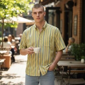 Whatzup Mens Yellow Blue‎ Stripe Short Sleeve Button Down Shirt Size L